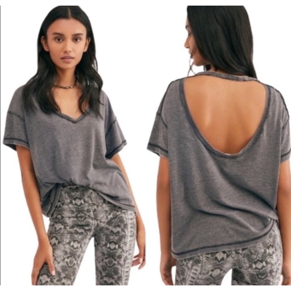 Free People All Mine Tee Black Low Back V Neck Med. NWT